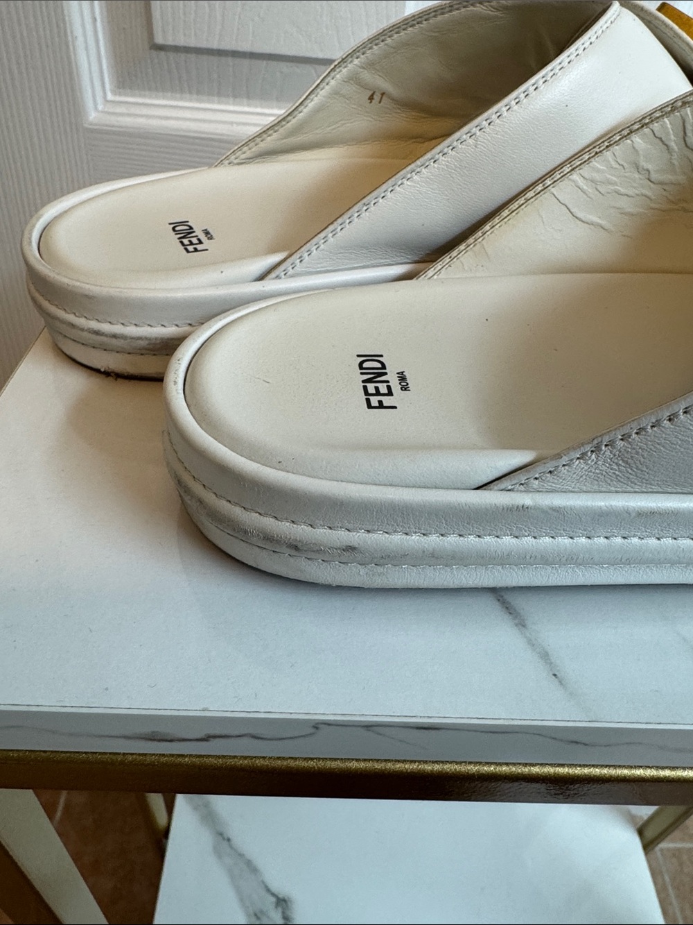 Fendi White Leather Logo Crossover Slide Sandals with Gold Hardware - Picture 5 of 9
